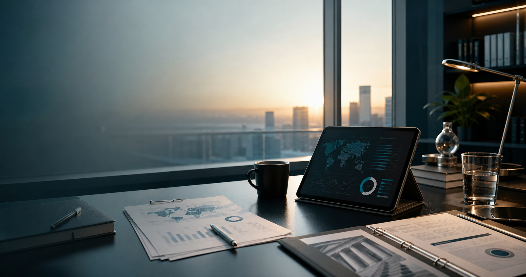 Premium financial services intelligence desk with abstract regulatory and market data